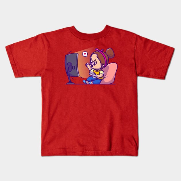 Cute Girl Playing Game Cartoon Kids T-Shirt by Catalyst Labs